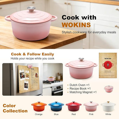 Enameled Cast Iron Dutch Oven - 4QT Pot with Lid,Oven Safe to 500°F,Heavy-Duty Cookware for Sourdough Bread Baking,Braising,Stews,Roasting Pink