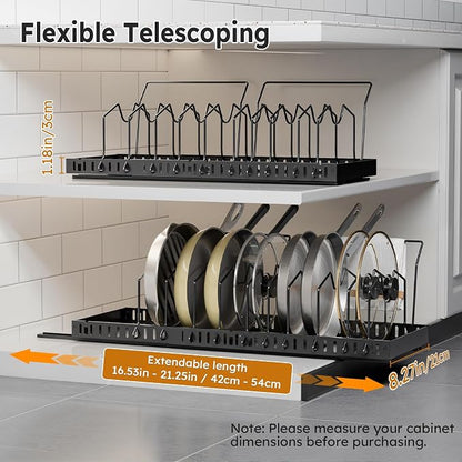 DTUQYX 2 Pack Pots and Pans Organizer - Expandable Pull Out Pot and Pan Organizer with 20 Adjustable Dividers for Kitchen,Smooth Sliding Inside Cabinet for Pot Lid,Cookware,Tableware