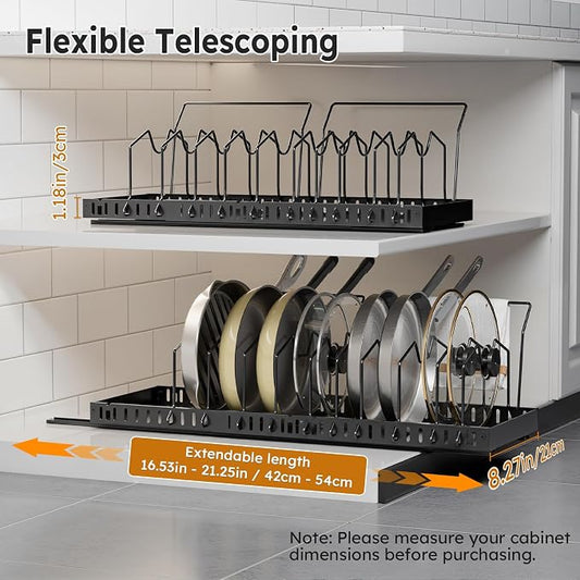 DTUQYX 2 Pack Pots and Pans Organizer - Expandable Pull Out Pot and Pan Organizer with 20 Adjustable Dividers for Kitchen,Smooth Sliding Inside Cabinet for Pot Lid,Cookware,Tableware