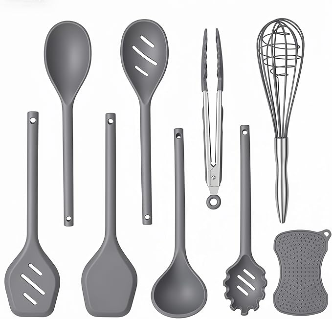 Kitchen Utensils Set,9 PCS Silicone Cooking Utensils Set Spatula Set,Non Toxic Cooking Utensils,Tongs,Spoon,Whisk,Brush,BPA Free Kitchen Gadgets for Non-Stick Cookware,Home Essential(Gray-9P)
