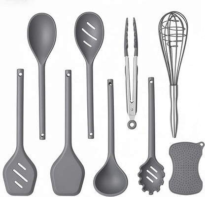 Kitchen Utensils Set,9 PCS Silicone Cooking Utensils Set Spatula Set,Non Toxic Cooking Utensils,Tongs,Spoon,Whisk,Brush,BPA Free Kitchen Gadgets for Non-Stick Cookware,Home Essential(Gray-9P)