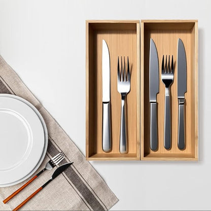guiogc Silverware Drawer Organizer, Silverware Utensil Tray Holder, Wood Storage Box for Spoons Forks Knives Set of 2 (11.8"x4.92"x1.9")