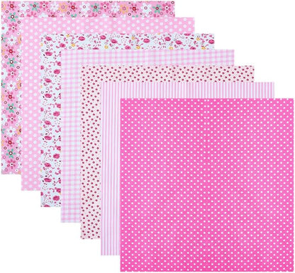 7Pcs Pink Printed Squares Fabric Patchwork Soft Cotton Square Fabrics Flower Polka Dot Stripe Print Vintage Cloth Bundle for Sewing Making Clothing Dress Decor Scrapbooking DIY Craft Supply