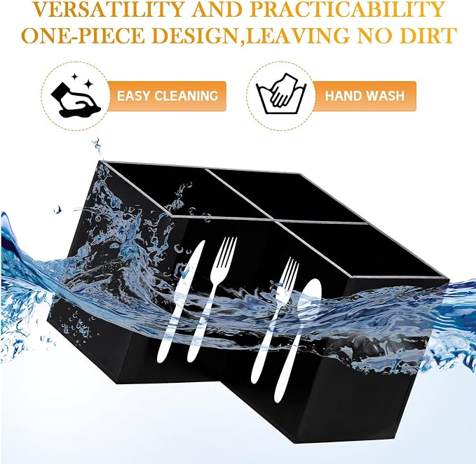 Suzile Acrylic Cutlery Storage Organizer Bin Silverware Caddy Countertop Knife Spoon and Fork Holder Kitchen 3 Section Tableware Storage Box for Cabinet Flatware Dining Room (Triangle,S,Black)