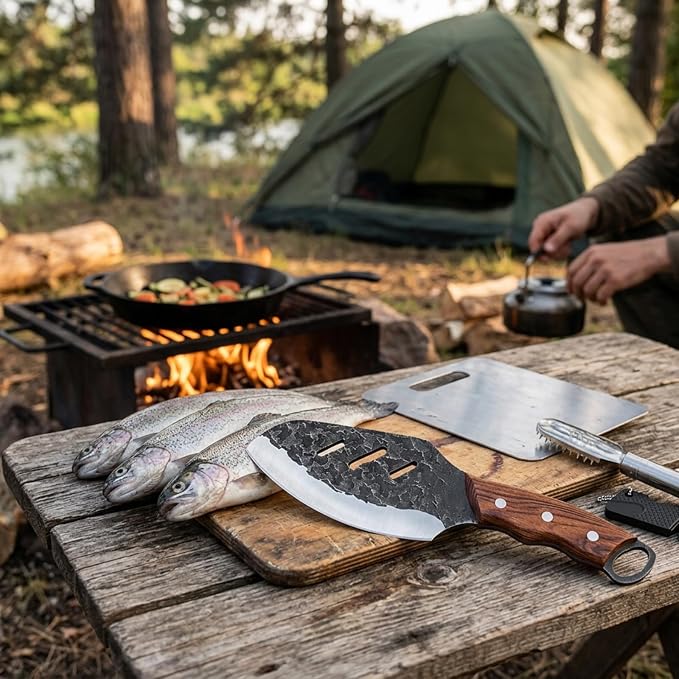 KOFERY Serbian Butcher Knife Hand Forged Viking Cleaver with Full Tang Hammered 4Cr13MoV Steel for Kitchen, Camp & BBQ | Heavy Duty Chef Knife with Pakkawood Handle, Leather Sheath & Sharpener