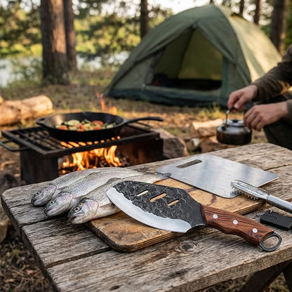 KOFERY Serbian Butcher Knife Hand Forged Viking Cleaver with Full Tang Hammered 4Cr13MoV Steel for Kitchen, Camp & BBQ | Heavy Duty Chef Knife with Pakkawood Handle, Leather Sheath & Sharpener
