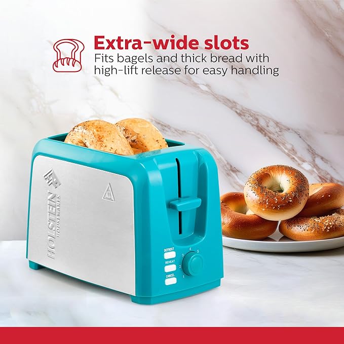 Holstein Housewares 2-Slice Toaster with 7 Browning Settings, Extra-Wide Slots, Reheat, Defrost, Cancel, High-Lift Release, Removable Crumb Tray – Compact Stainless Steel, Teal