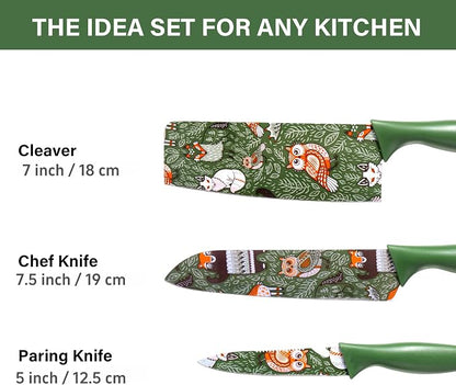 TJ POP Colorful Knife Set, 3 Pcs Kitchen Knife Set, Color-Coded Coated Stainless Steel Kitchen Knives, Professional Kitchen Cutlery Set, Green