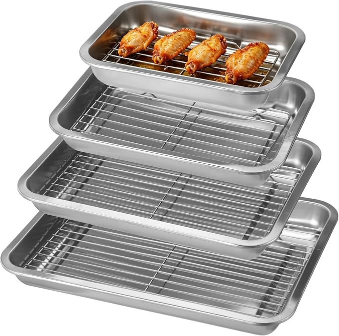 4 Pcs Stainless Steel Baking Sheet with Wire Rack, 10.6 + 12.6 + 14.2 + 15.7 Inch Baking Pans Trays, Dishwasher Safe Bakeware for Cooking, Roasting, Grilling
