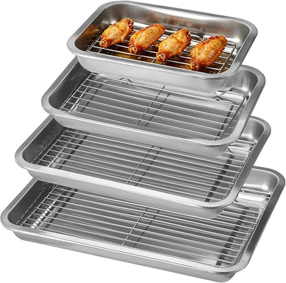 4 Pcs Stainless Steel Baking Sheet with Wire Rack, 10.6 + 12.6 + 14.2 + 15.7 Inch Baking Pans Trays, Dishwasher Safe Bakeware for Cooking, Roasting, Grilling