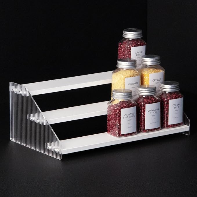 nianfeng Tiered Spice Rack, 3-Tier Spice Pantry Kitchen Cabinet Organizer, 12-Inch, Natural Wood Acrylic Stair Riser Stand, Countertop Seasoning Shelf (White)