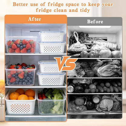4 in 1 Food Storage Containers for Fridge, Produce Keeper with Removable Colander & Drain Basket, Airtight Leakproof Fruit Vegetable Storage Containers Transparent Kitchen Organizer (3PC S+M+L)