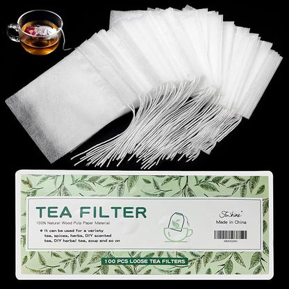 100 Pcs Disposable Tea Bags for Loose Leaf Tea, Biodegradable Tea Filter Bags with Drawstring, Corn Fiber Empty Tea Bags for Loose Leaf Tea (3.54 x 2.75 inch)