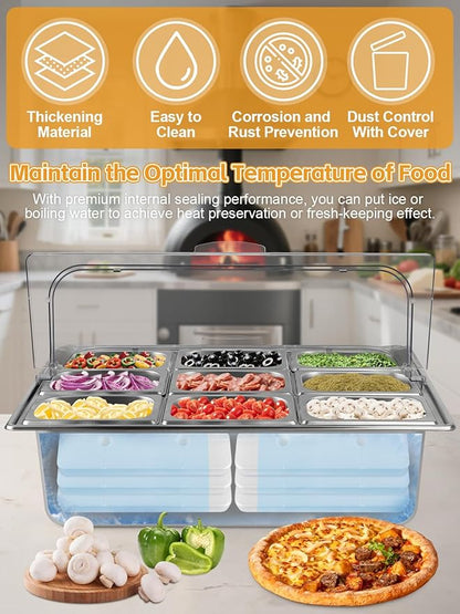 2PCS Pizza Topping Station 10 Pans Stainless Steel Spice Organizer Salad Bar Buffet Station with Spoons Ice Boxes Buffet Containers Set for Sauce Jam Ingredient Kitchen Restaurant Pantry