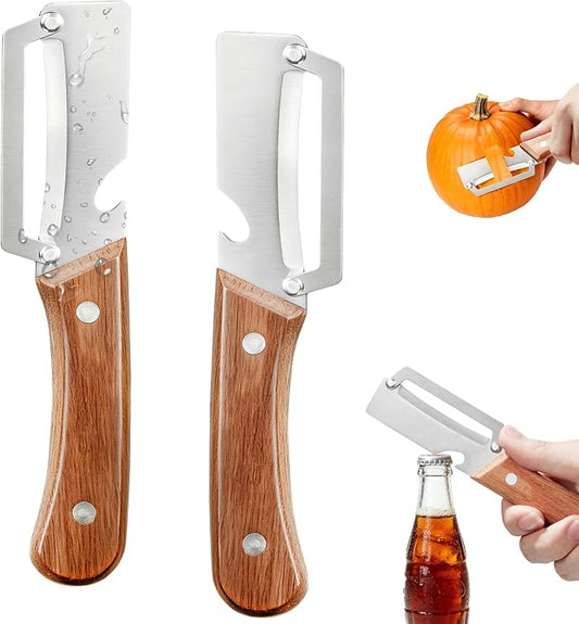2 Pack 2-in-1 Vegetable Peeler with Bottle Opener - Stainless Steel Blade, Wooden Handle, Heavy Duty Peeler for Potato, Carrot, Pineapple, Pumpkin, Sugarcane(Left and Right Combo)