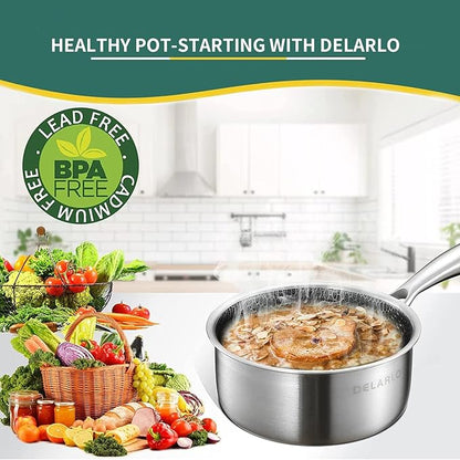 DELARLO Full Clad Tri-Ply Stainless Steel Saucepan 2.5QT, All Stove Safe 600℉(Lids 300℉), Medium Sauce Pan with Lid, Non Stick Sauce Pan, Fast & Even Heat, Steel Pot with Lid, Energy Saving,2-1/2 QT