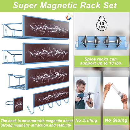 Magnetic Spice Rack for Refrigerator, 9 Pack Magnetic Fridge Shelves W/Adjustable Paper Towel Holder, Hook Rack, Moveable Spice Organizer Shelf for Kitchen Organization and Storage (Blue)