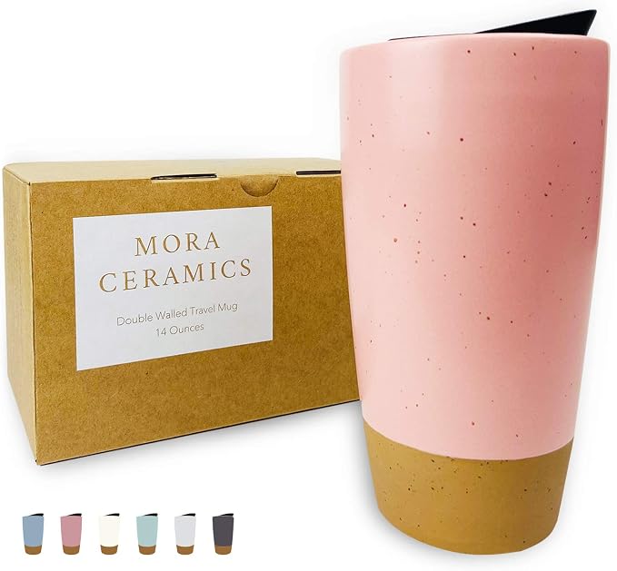 Mora Double Wall Ceramic Coffee Travel Mug with Lid, 14 oz, Portable, Microwave, Dishwasher Safe, Insulated Reusable Tall Cup, Splash Resistant Lid - To Go Tumbler for Car Cup Holder, Pink Salt