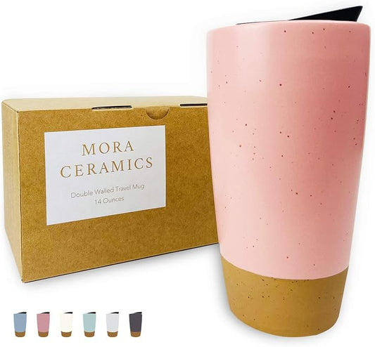 Mora Double Wall Ceramic Coffee Travel Mug with Lid, 14 oz, Portable, Microwave, Dishwasher Safe, Insulated Reusable Tall Cup, Splash Resistant Lid - To Go Tumbler for Car Cup Holder, Pink Salt