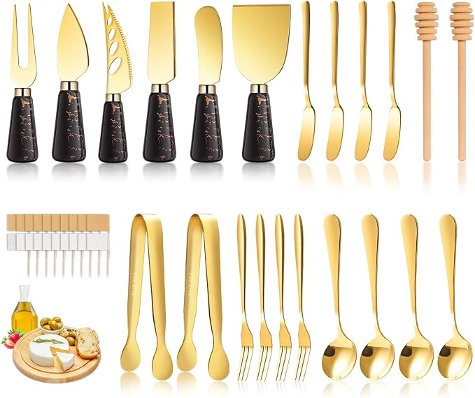 Marble Gold and Black Cheese Knife Set, Ceramic Handle Charcuterie Board Accessories Butter Spreader Cheese Slicer Knife With Serving Tongs, Spoons, Forks, Flags Cheese Markers, Wooden Honey Dipper