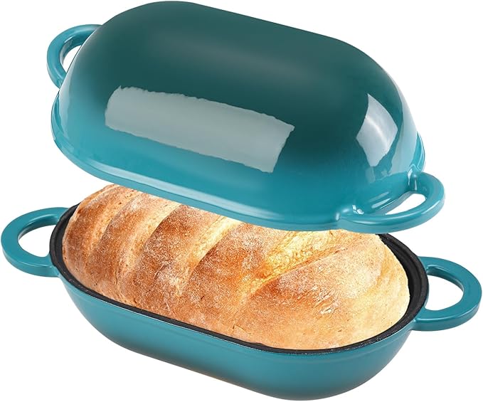 Enameled Cast Iron Oval Dutch Oven Pot with Lid, 5 QT Dutch Oven for Sourdough Bread Baking, Bread Loaf Pan with Lid & Bread Oven (Blue-Green)