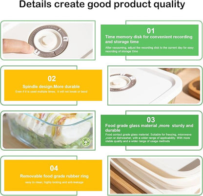 Glass Vacuum Seal Containers for Food Storamge, Vacuum Container with Time Recording Disk, 3 pcs set (S, M, L), BPA-FREE, Dishwasher, Freezer & Microwave Safe Works with Handheld Vacuum Sealer Machine