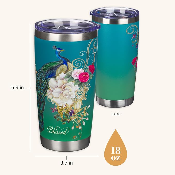 Christian Art Gifts Stainless Steel Double Wall Vacuum Insulated Tumbler 18 oz Peacock Teal Travel Mug with Retractable Lid Inspirational Bible Verse for Women - Blessed Faith -Jeremiah 17:7