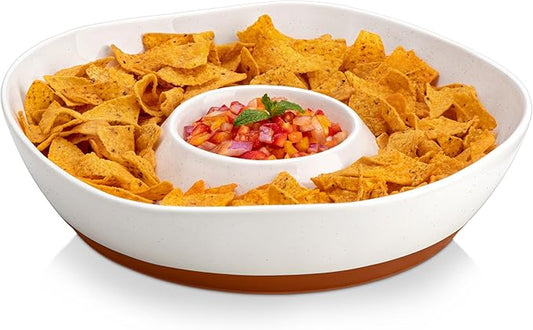 MALACASA Ceramic Chips and Dip Serving Tray, 12 Inch Large Divided Bowls Set for Salsa, Veggies & Dip, Appetizers, Snacks, Free-Form Serving Dish Platter for Parties Hosting & Entertaining, White