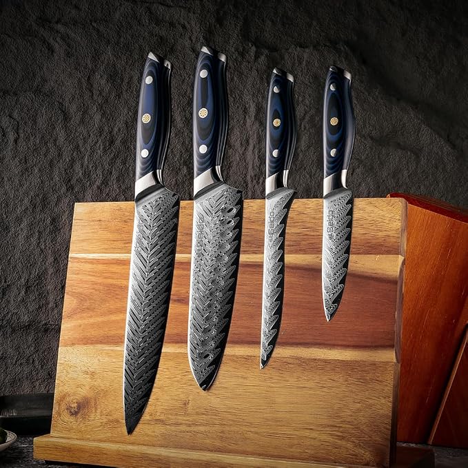 Seido Knives 4-Piece Kanpeki VG10 Damascus Steel Knife Set - Professional Chef Knife Set with Blue Handle - Includes Chef Knife