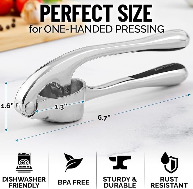 Zulay Kitchen Premium Garlic Press - Durable Garlic Masher with Soft, Easy to Squeeze Handle - Garlic Mincer Tool - Sturdy Easy to Clean Garlic Crusher (Chrome)