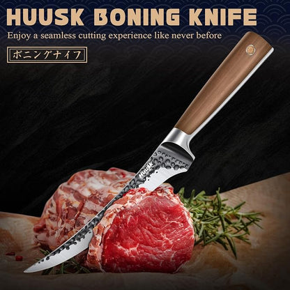 Huusk Boning Knife 6 Inch Fillet Knife for Meat Brisket Trimming Knives Japan Hand Forged Deboning Knives Full Tang Meat Cutting Butcherig for Kitchen Cooking BBQ