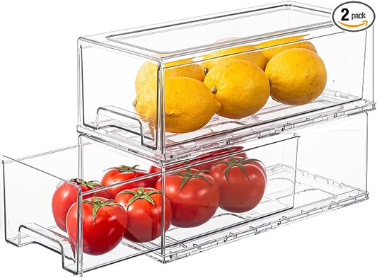 Clear Acrylic Stackable Storage Drawers, Plastic Refrigerator Organizer Bins with Handles for Undersink, Cabinet, Fridge, Closet, Pantry, Office, Bathroom, Kitchen(2 Pack)