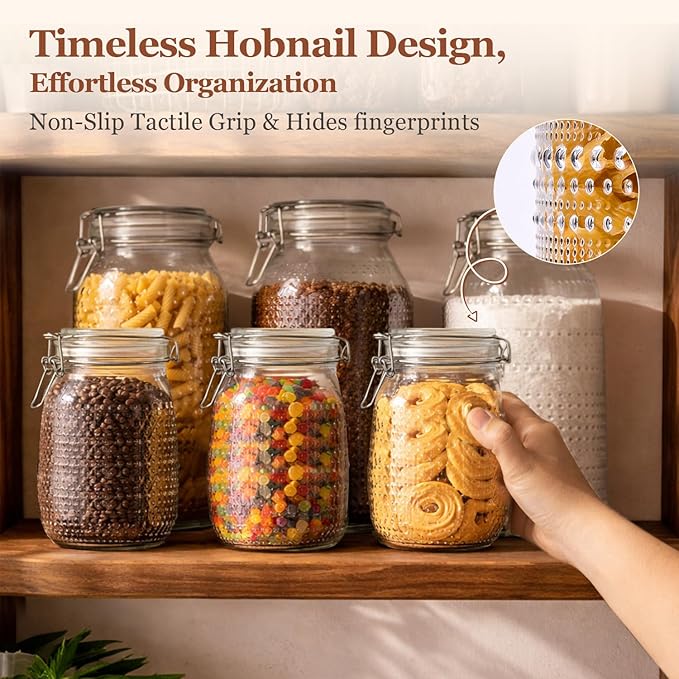 ComSaf 34oz 6 Pack Vintage Hobnail Glass Storage Jars with Airtight Clamp Lids, 1000ml Wide Mouth Clear Canister Set for Coffee Beans, Sugar, Snacks, Pasta, Pickling and Countertop Pantry Organization