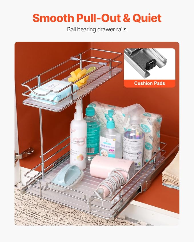 VEVOR 2 Tier Pull Out Cabinet Organizer, 12"W x 17"D Slide Out Pantry Shelves, Sliding Drawer Storage, Chrome-Plated Steel Heavy Duty Roll-out Drawers, for Inside Kitchen Cabinet, Bathroom, Under Sink