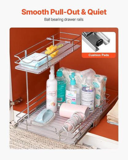 VEVOR 2 Tier Pull Out Cabinet Organizer, 12"W x 17"D Slide Out Pantry Shelves, Sliding Drawer Storage, Chrome-Plated Steel Heavy Duty Roll-out Drawers, for Inside Kitchen Cabinet, Bathroom, Under Sink