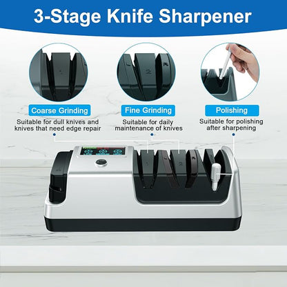 Upgrade 5-in-1 Electric Knife Sharpener, Professional 3-Stage with LCD Screen, 100% Diamond Abrasives, 3 Rotational Speed Adjustable, knife sharpener for Straight, Serrated, Meat Cleaver, Scissors