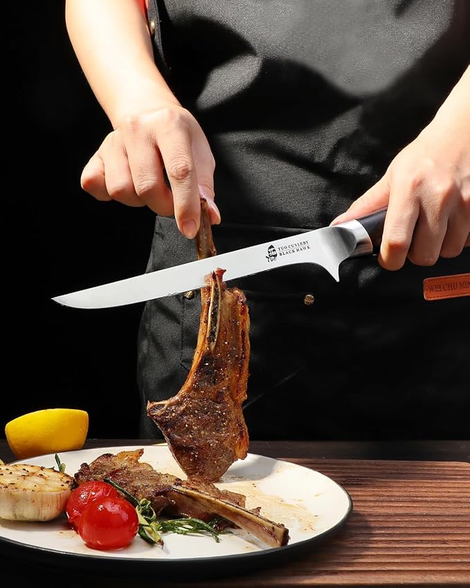 TUO Boning Knife - 7 inch Fillet Knife Flexible Kitchen Knives - German HC Steel Blade for Poultry and Fillet Fish - Full Tang Pakkawood Handle - BLACK HAWK SERIES with Gift Box