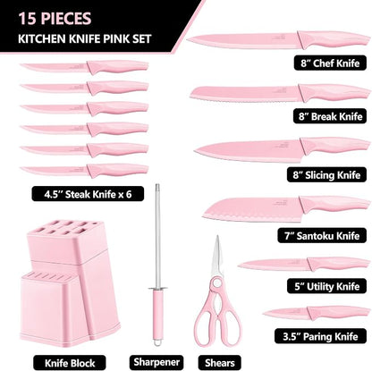 E-far Knife Set with Block, 15 Pieces Kitchen Knife Block Set with Sharpener, High Carbon Stainless Steel Sharp Chef Knife Set with Ergonomic Handles, Anti Rust, Pink