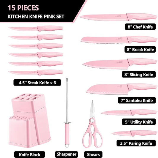 E-far Knife Set with Block, 15 Pieces Kitchen Knife Block Set with Sharpener, High Carbon Stainless Steel Sharp Chef Knife Set with Ergonomic Handles, Anti Rust, Pink