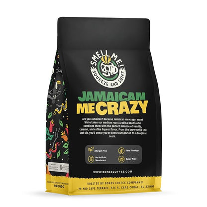 Bones Coffee Company Jamaican Me Crazy, Vanilla Caramel Flavored Coffee, Medium Roast Low Acid Arabica Beans Compatible with Auto drip and French Press Coffee Maker, 12 Oz Whole Bean