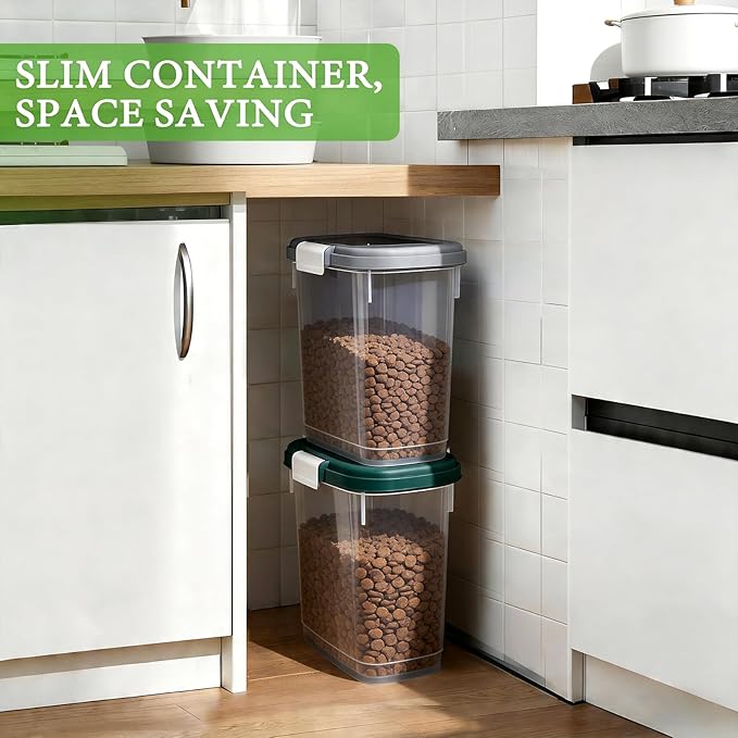 Gray White Airtight Dog Cat Food Storage Container 10 Lbs - Slim Tall Pet Food Treat Container with Lid, Scoop and Cup - Clear Plastic Dry Food Storage Bin for Dogs, Cats, Bird Seeds, Kibble, Pellets