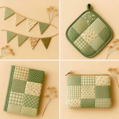 Cotton Satin Patchwork Fabric Panel – 35 Designs, 20×20 cm Squares, Single Piece 150×110 cm, Sage Green & Beige Patchwork Quilt Fabric (Meadow Breeze Patchwork Set, 35pcs 8x8 inch)