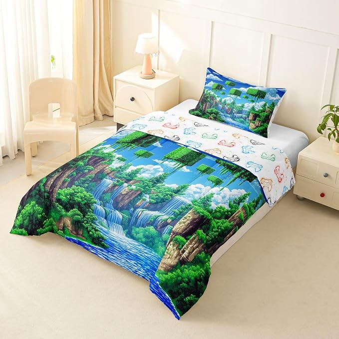 Manfei Pixelated Games Comforter Set -Cartoon Gamepad Comforter Twin Size Block Building Gaming Bedding Set for Kids Teens Bedroom Decor Fashion Modern Quilt Duvet,2 Pcs with 1 Pillowcase