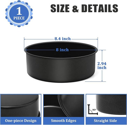 P&P CHEF 8 Inch Cake Pan, Nonstick Round Baking Layer Cake Pans Tins Set for Birthday Wedding, 2.94-Inch Deep Side & One-piece Design, Stainless Steel Core & Easy Clean, Black