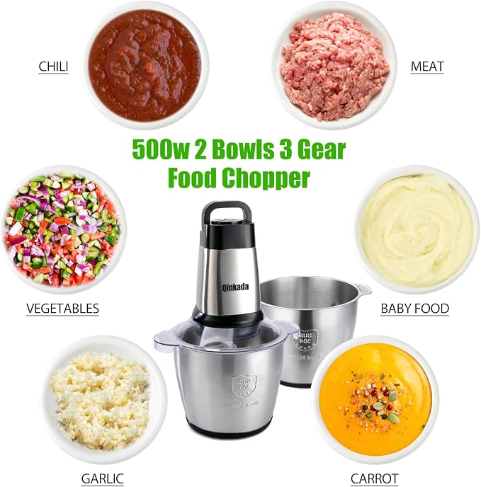 Qinkada Food Processor, 2 Stainless Steel Bowls, 14Cup, 500W Powerful Electric Meat Grinder, 3 Speed Modes 4 Bi-Level Blades for Onion, Meat, Nuts, Fruit, Garlic, Vegetable, Baby Food