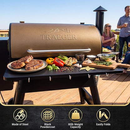 Uniflasy Upgraded Folding Front Shelf for Traeger Pro 34 Series & Century 885, Texas Elite 34 Pellet Grill Accessories, 37" x 12" Heavy-Duty Grill Prep Table with Cutting Board Basin Lid 5 Hooks
