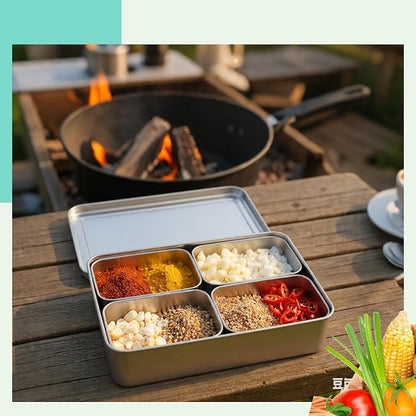 Boao 4 Compartment 304 Yakumi Pans Stainless Steel Seasoning Condiment Container with Lids Spoons, Japanese Yakumi Pans Mini Sauces Salad Dressings Storage for Food, Herbs, Spices
