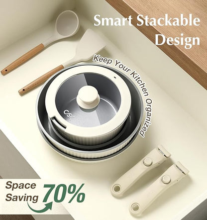 KOCH SYSTEME CS 17pcs Pots and Pans Set Non Stick, Nonstick Ceramic Cookware Set Detachable Handle, Induction Kitchen Pot and Pan Set, Non Stick with Removable Handle, RV Cookware Set, Cream White