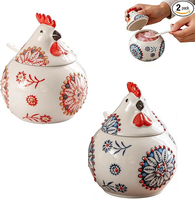 2 PCS,Ceramic Salt Cellar With Lid and Spoon,13-ounce Chicken Salt Shaker,Perfect for Kitchen Decor,Countertop Spice Rack (Red + Blue)