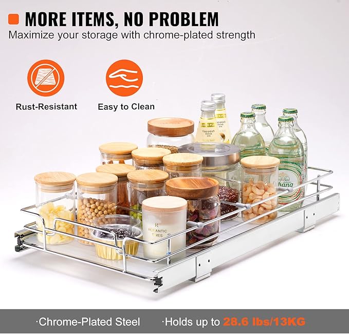Happybuy 11" W x 21" D Pull Out Cabinet Organizer - Heavy Duty Chrome-Plated Steel Sliding Drawers for Pantry, Home, Kitchen Cabinet, Bathroom.